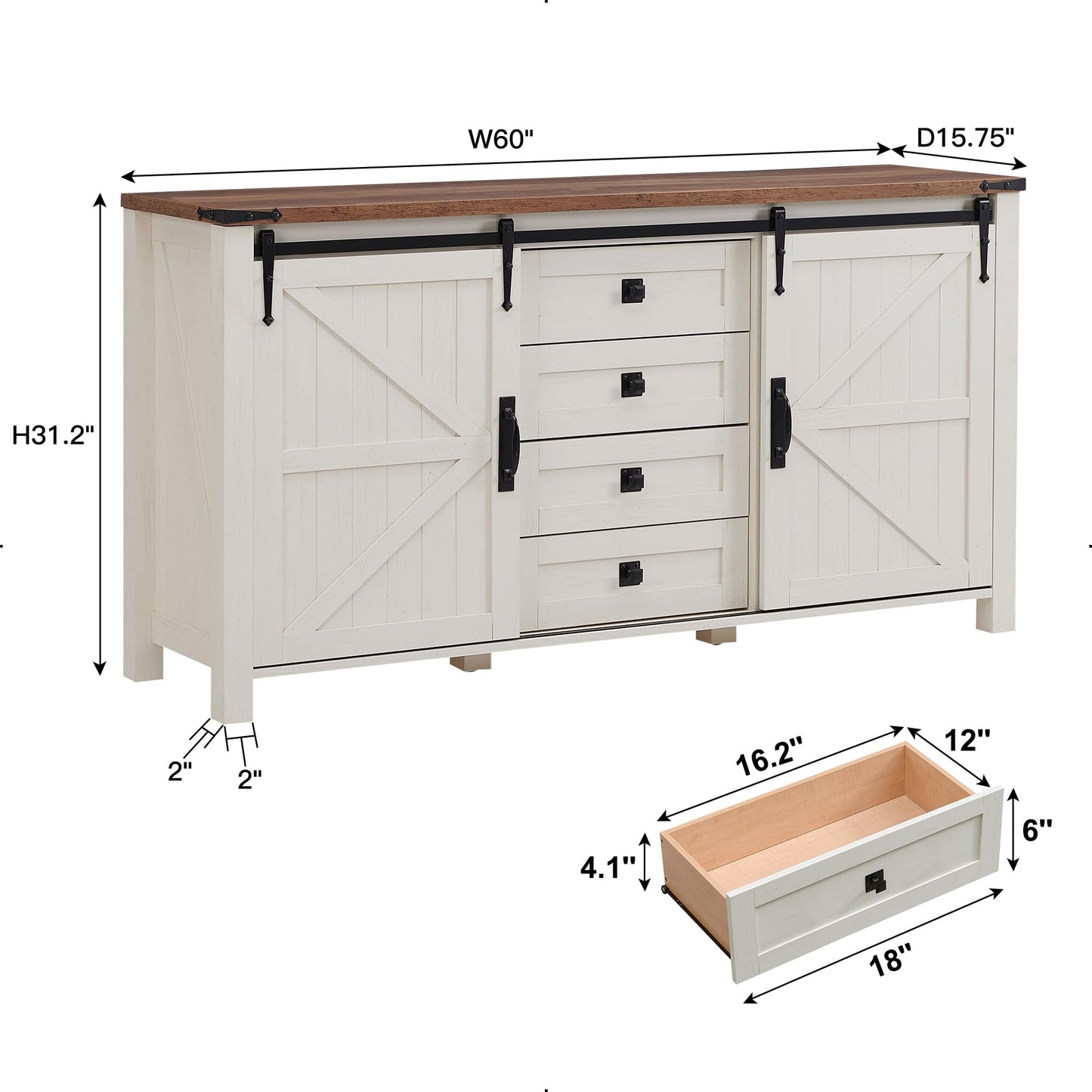 T4TREAM 60'' Farmhouse Dresser Chests for Bedroom w/4 Drawers & Sliding Barn Doors, Tall Chest of Drawers, Rustic Dresser TV Stand, Dresser Organizer for Bedroom, Living Room, Kitchen, Antique White