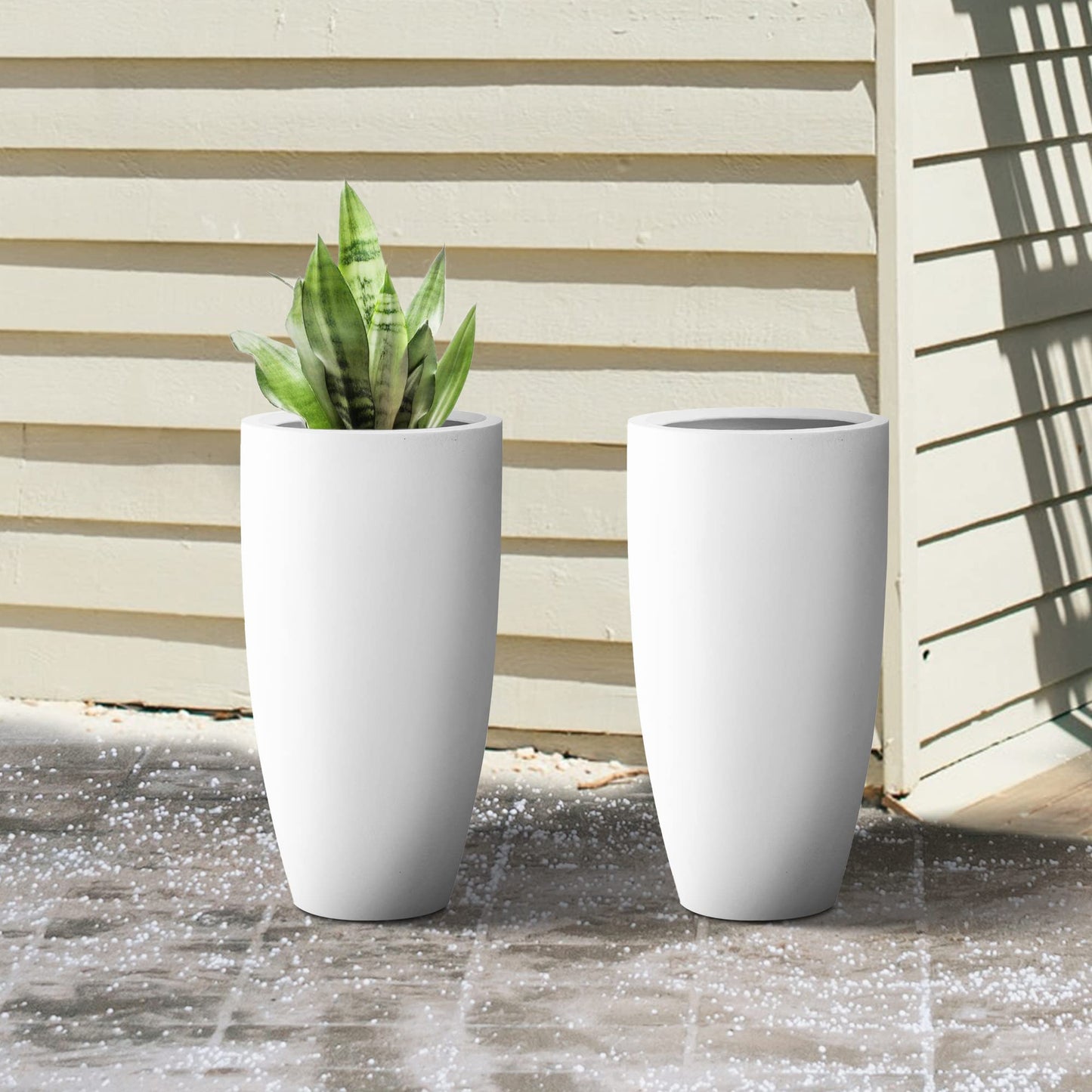 Kante 23.6" H Pure White Concrete Tall Planters (Set of 2), Large Outdoor Indoor Decorative Plant Pots with Drainage Hole and Rubber Plug, Modern Style for Home and Garden