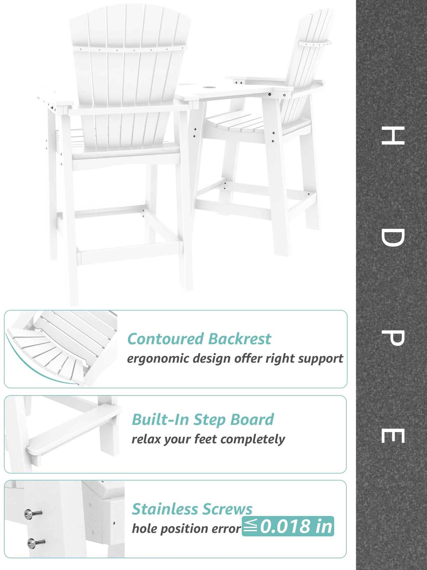 KINGYES Balcony Chair Tall Adirondack Chair Set of 2 Outdoor Adirondack Barstools with Connecting Tray - Patio Stools Weather Resistant for Deck Balcony Pool Backyard, White