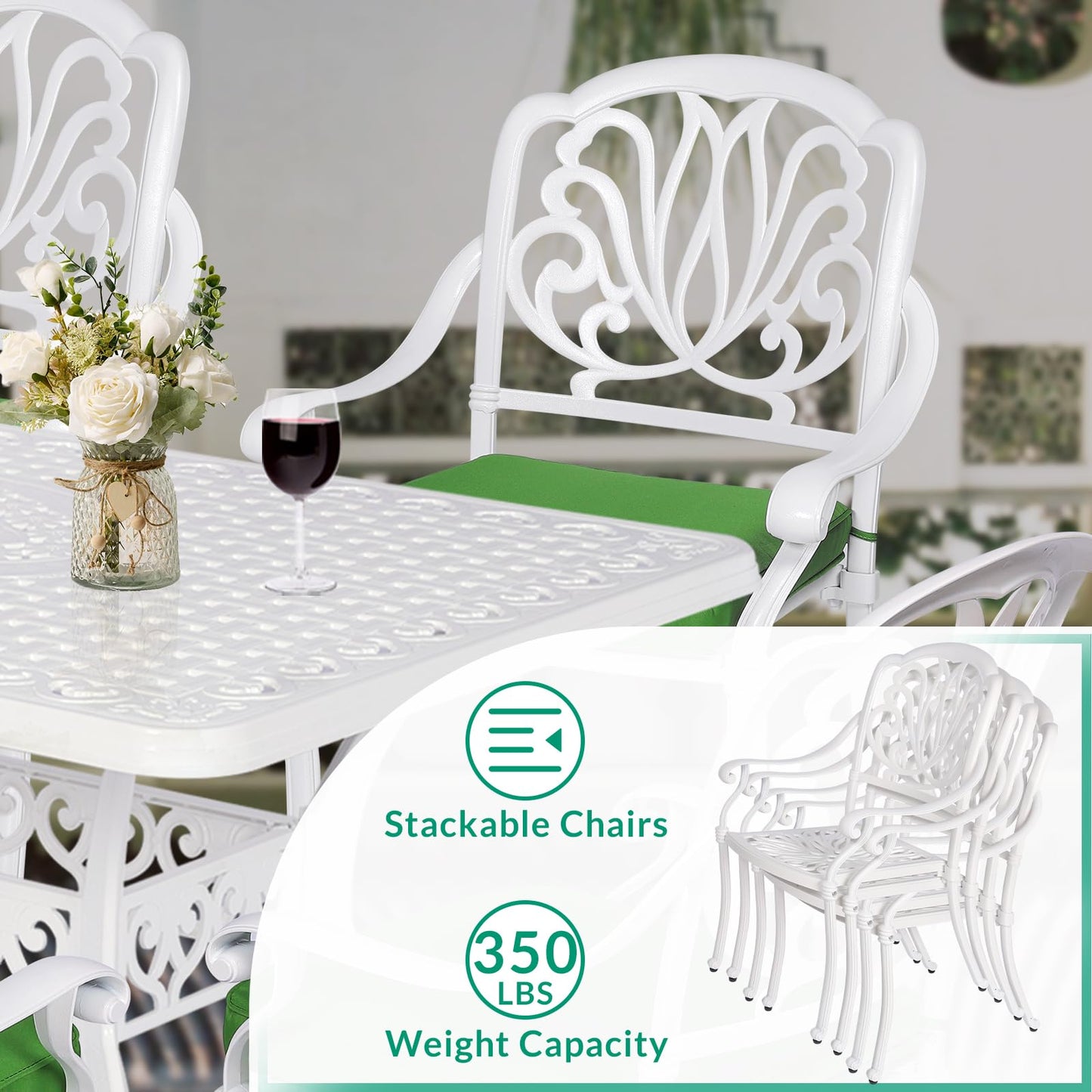 VIVIJASON 7-Piece Patio Furniture Dining Set, All-Weather Cast Aluminum Outdoor Conversation Set, Include 6 Cushioned Chairs and a Rectangle Table with Umbrella Hole for Lawn Garden Backyard, White