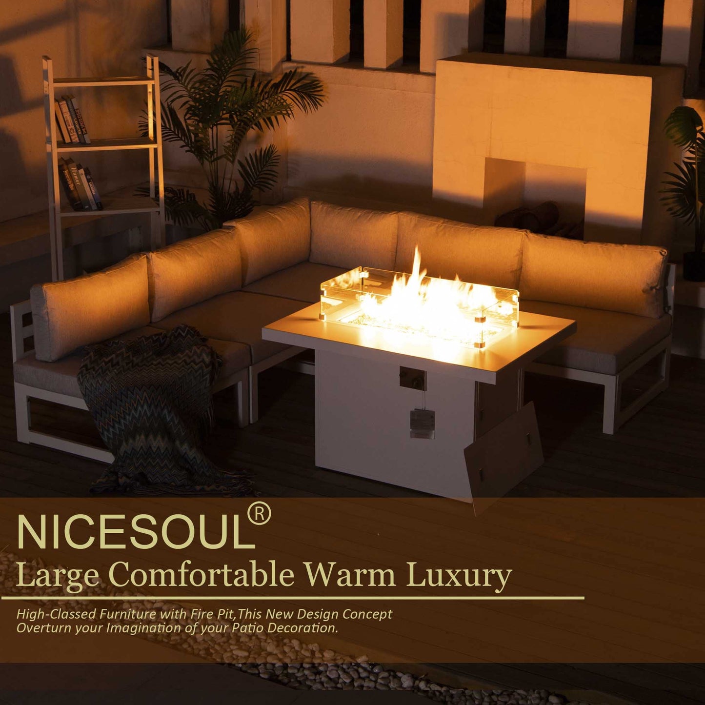 NICESOUL® 6 Pieces Large Size Aluminum Outdoor Patio Furniture Set with Fire Pit Table Conversation Sofa Sectional Set 43" Propane Fire Table Modern White Frame Grey Cushions