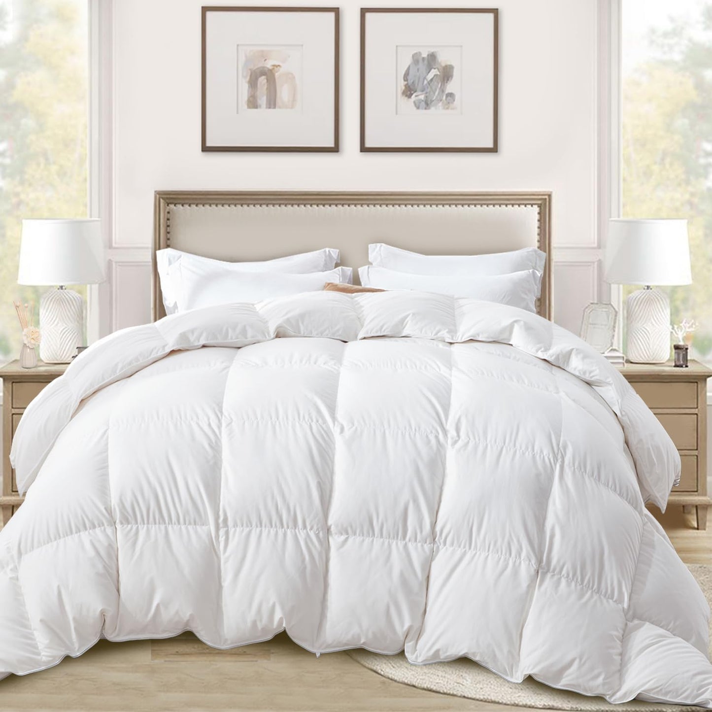 Globon Ultra-Soft Down Feather Comforter King Size,Luxurious Hotel Collection Fluffy Duvet Insert for All Season,Noiseless Shell, 700 Filling Power,Medium Weight with Corner Tabs, White