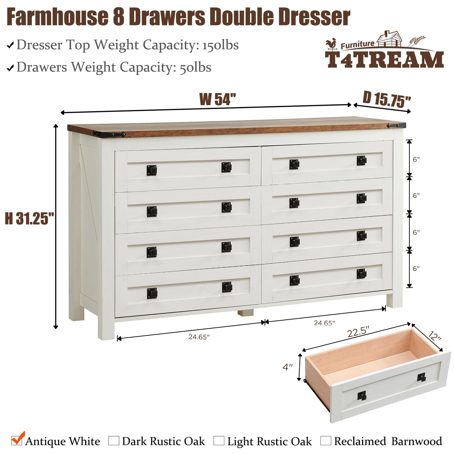 T4TREAM Farmhouse 8 Drawers Dresser Chests for Bedroom, Wood Rustic Wide Chset of Drawers,Storage Dressers Organizer for Bedroom, Living Room,Hallway, Antique White