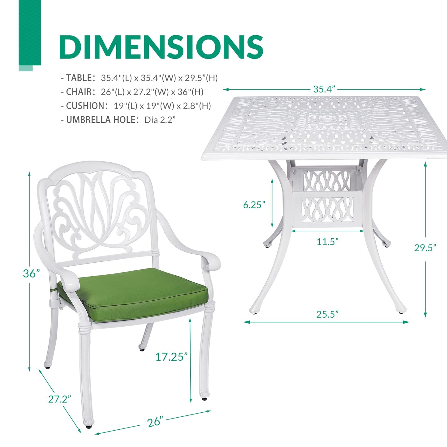 VIVIJASON 5-Piece Patio Furniture Dining Set, All-Weather White Cast Aluminum Outdoor Conversation Set, Include 4 Cushioned Chairs and a 35.4" Square Table w/Umbrella Hole for Balcony Lawn Garden