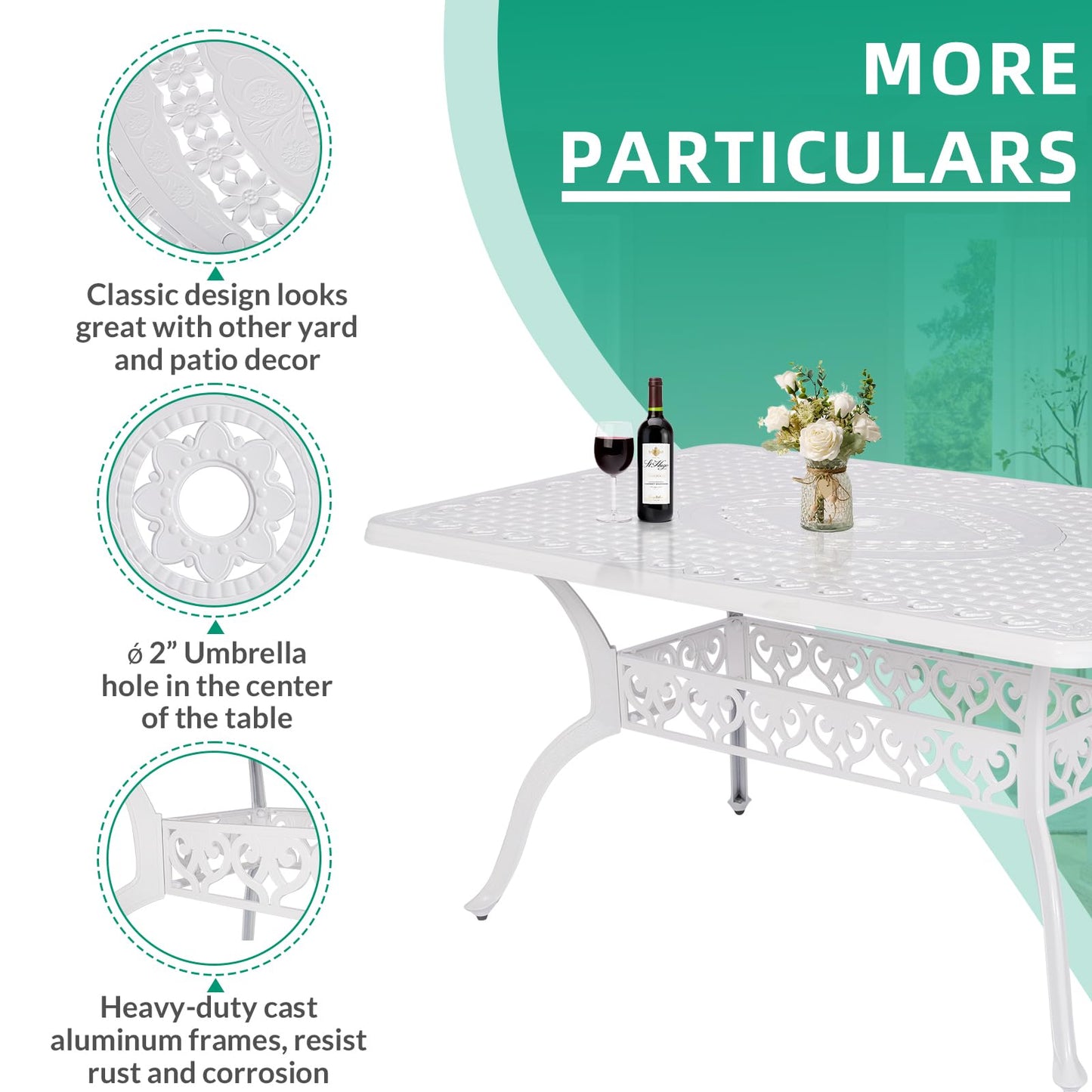 VIVIJASON 7-Piece Patio Furniture Dining Set, All-Weather Cast Aluminum Outdoor Conversation Set, Include 6 Cushioned Chairs and a Rectangle Table with Umbrella Hole for Lawn Garden Backyard, White