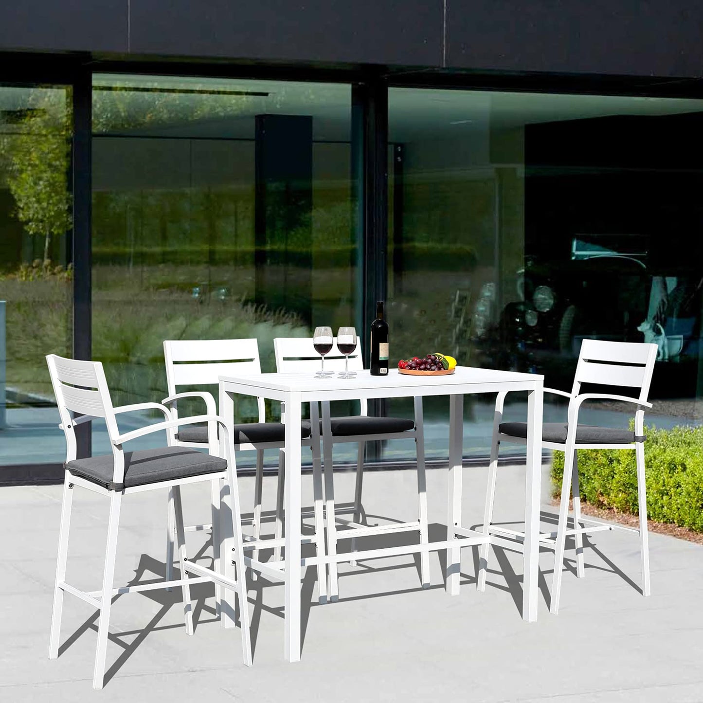 Soleil Jardin Outdoor Aluminum 5-Piece Bar Set, Dining Bistro Pub Set, Patio Bar Height Chairs with Cushion & Slatted High Top Table for Backyard Garden Pool, White