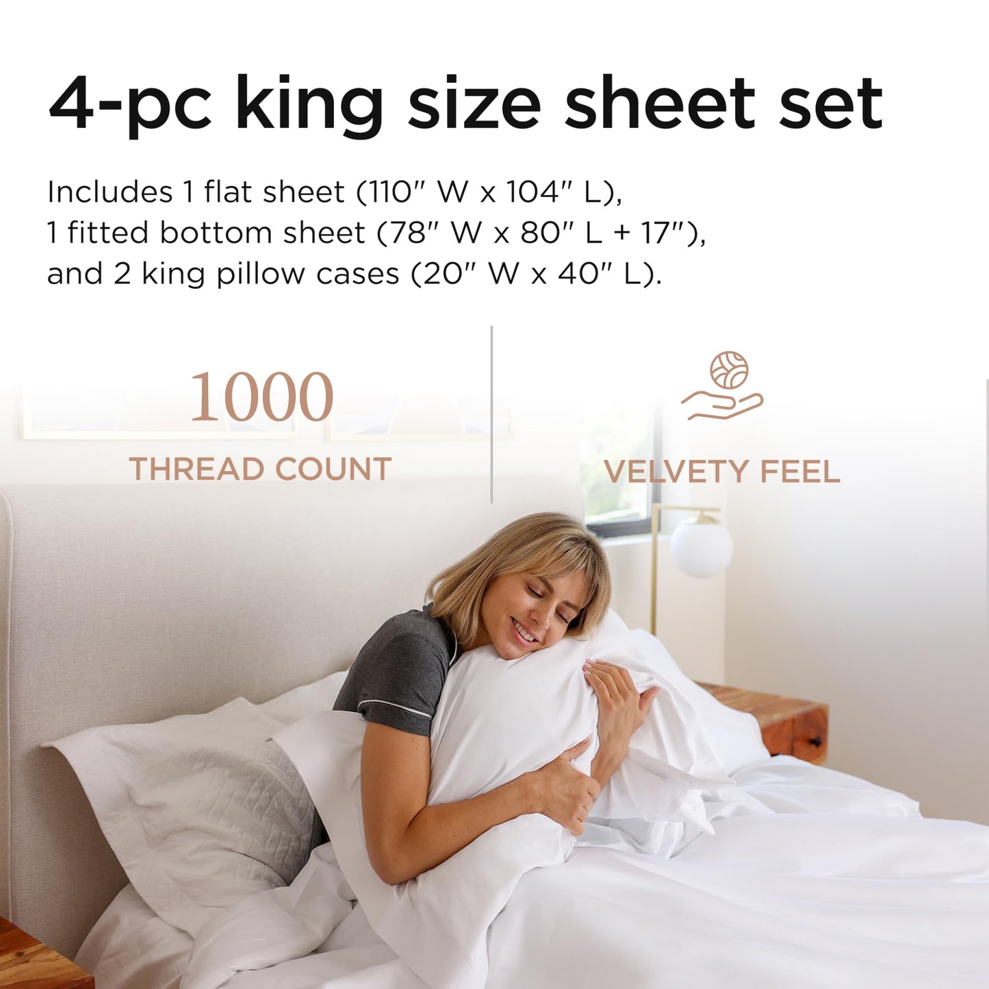 Threadmill 100% USA Supima Cotton Sheets, King Size, 1000 Thread Count, Luxury 4 Piece Set, Hotel Quality Sateen Weave White Bed Sheets with Elasticized Deep Pocket