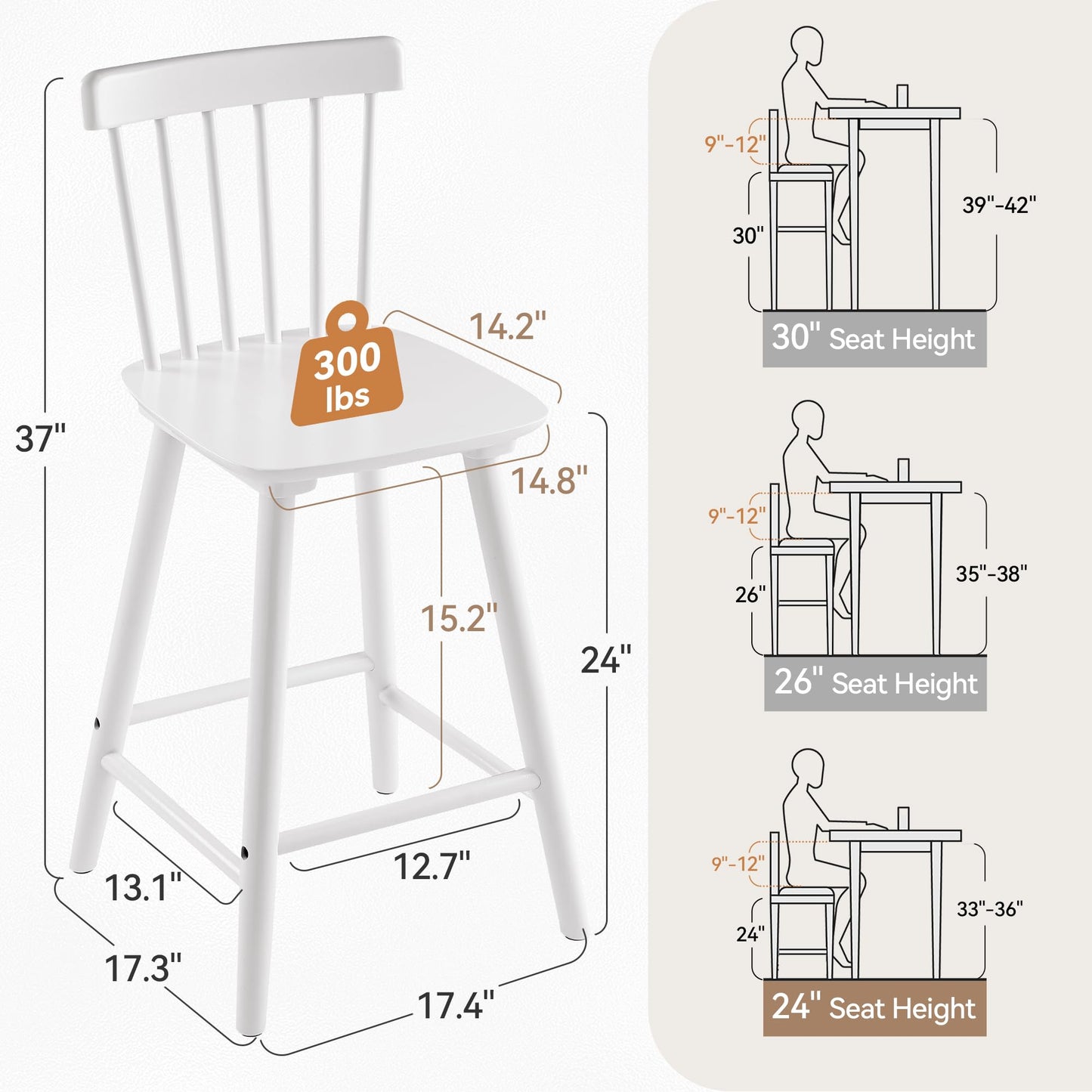 LUE BONA Windsor Wooden Bar Stools Set of 4 for Kitchen Island, Farmhouse 24 Inch Counter Height Stools Chairs with Spindle Back, White