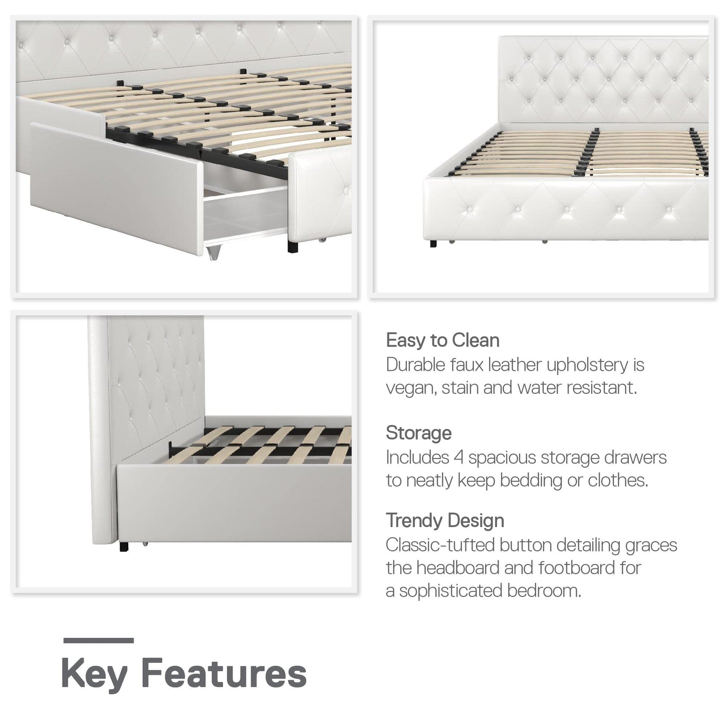 DHP Dakota Upholstered Platform Bed with Underbed Storage Drawers and Diamond Button Tufted Headboard and Footboard, No Box Spring Needed, King, White Faux Leather