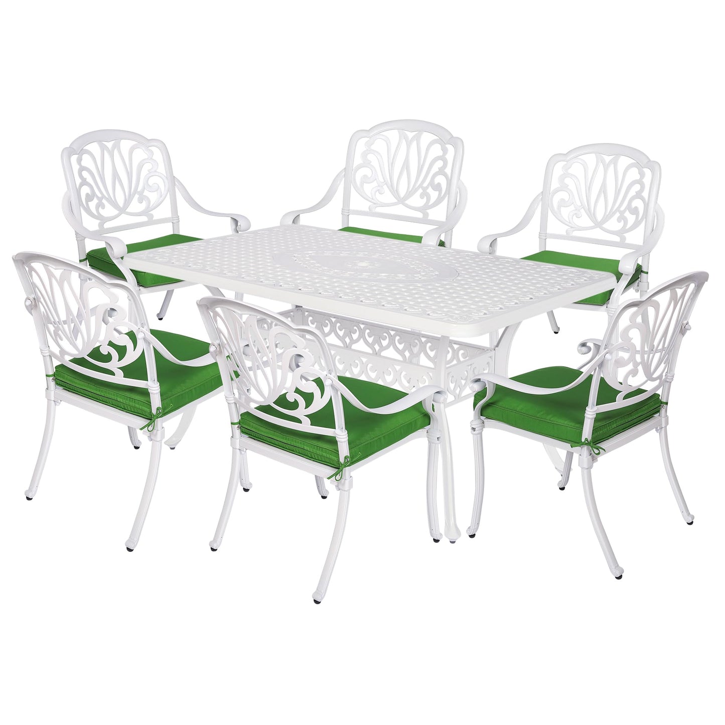 VIVIJASON 7-Piece Patio Furniture Dining Set, All-Weather Cast Aluminum Outdoor Conversation Set, Include 6 Cushioned Chairs and a Rectangle Table with Umbrella Hole for Lawn Garden Backyard, White