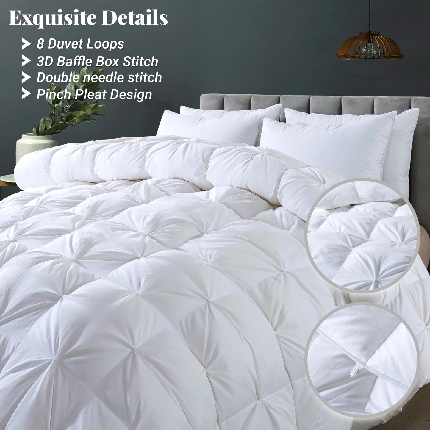 ELNIDO QUEEN Feather Down Comforter King Size Duvet Insert, Luxury Fluffy White Pinch Pleat Design - All Season Hotel Collection Cotton Bed Comforter with 8 Tabs, King 106x90 Inches