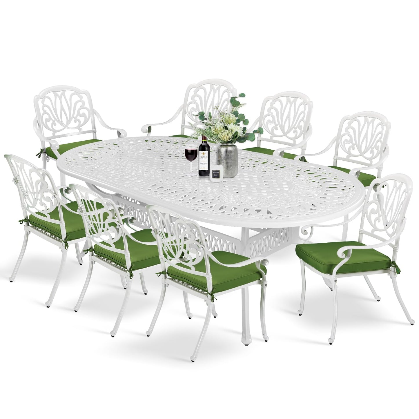 MEETWARM 9-Piece Outdoor Patio Dining Set- 8 Outdoor Dining Cushioned Chairs and 1 Oval Table with 2" Umbrella Hole, All Weather Cast Aluminum Patio Funiture Set for Backyard, White