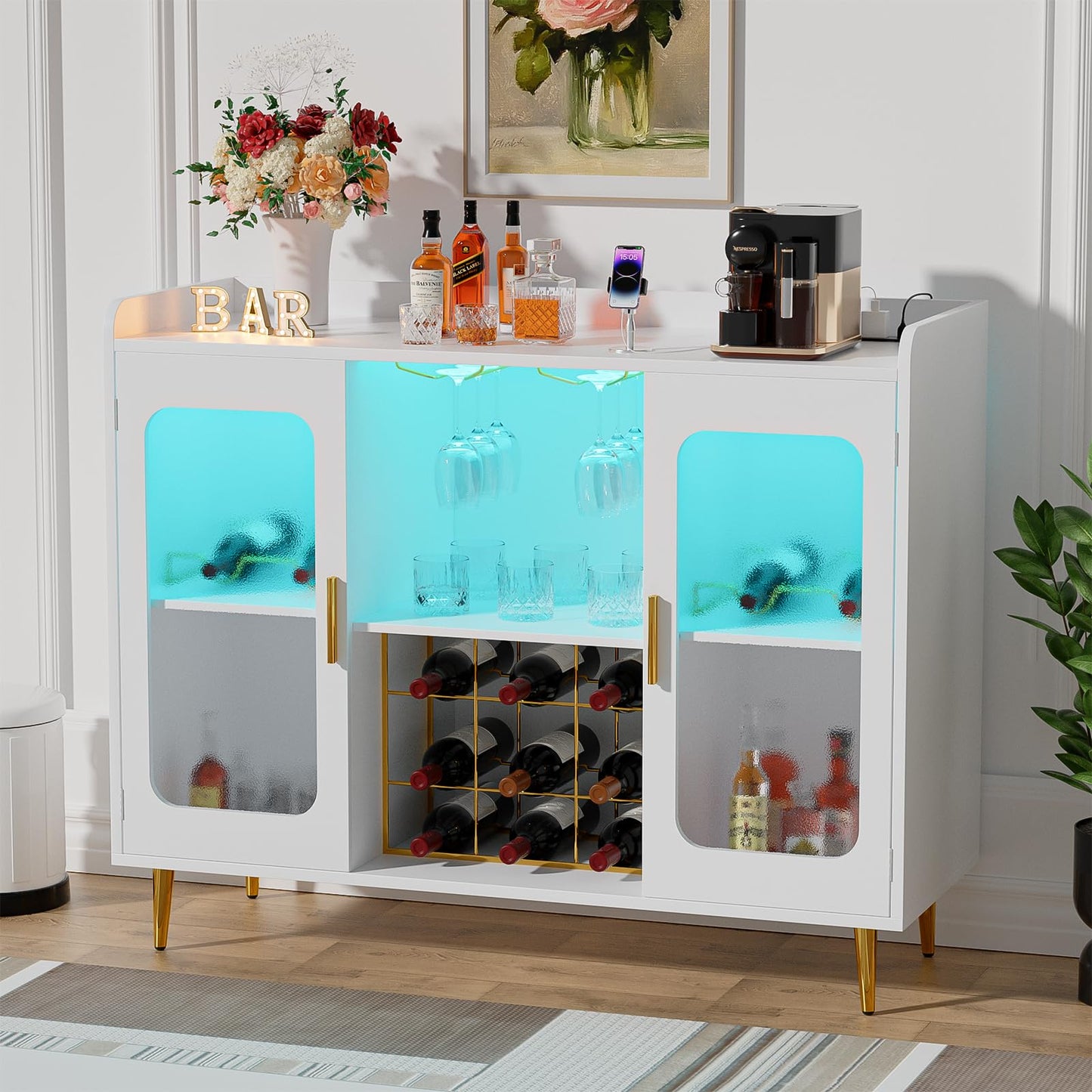 Hyomdeck Liquor Cabinet Bar with Power Outlet and LED Light, Wine Bar Cabinet with Wine and Glasses Rack, Home Coffee Bar Cabinet, Buffet Sideboard with Storage Shelf for Kitchen, Dining Room, White