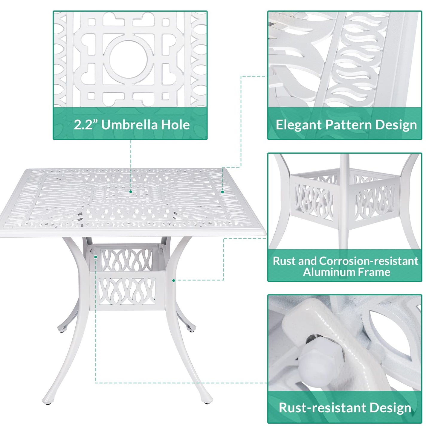 VIVIJASON 5-Piece Patio Furniture Dining Set, All-Weather White Cast Aluminum Outdoor Conversation Set, Include 4 Cushioned Chairs and a 35.4" Square Table w/Umbrella Hole for Balcony Lawn Garden