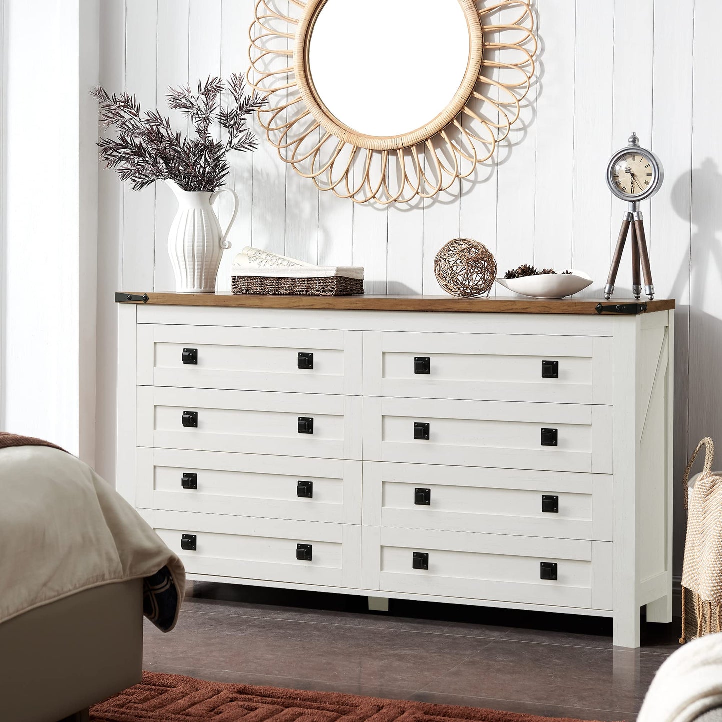 T4TREAM Farmhouse 8 Drawers Dresser Chests for Bedroom, Wood Rustic Wide Chset of Drawers,Storage Dressers Organizer for Bedroom, Living Room,Hallway, Antique White