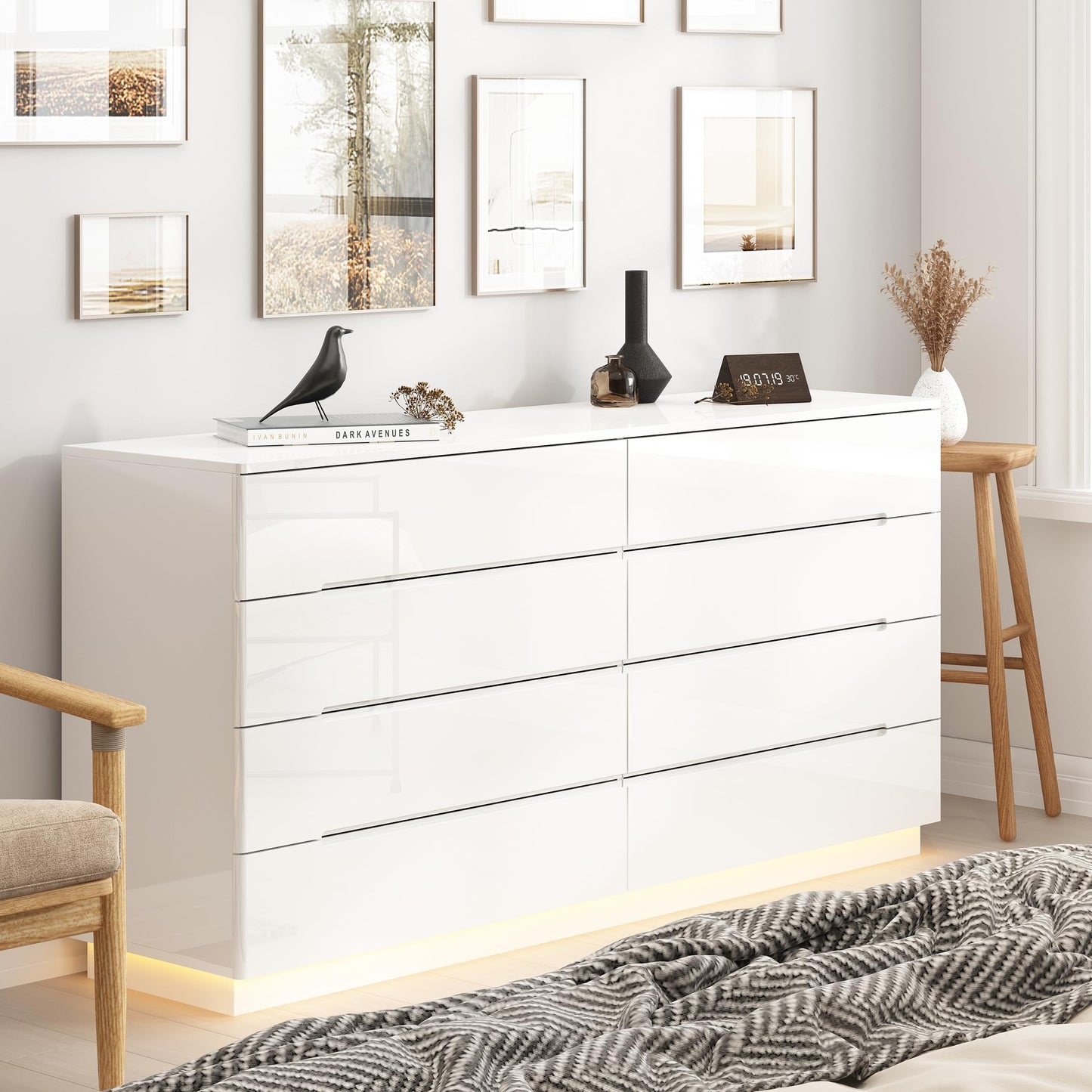 Homsee Large 8 Drawer Double Dresser with LED Light, Modern Dresser Chest of Drawers with High Gloss Surface for Bedroom, White (63”W x 15.7”D x 30.9”H)