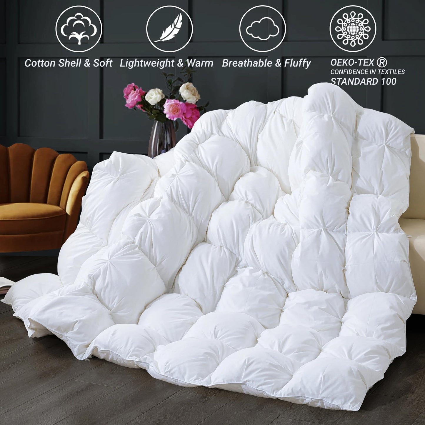 ELNIDO QUEEN Feather Down Comforter King Size Duvet Insert, Luxury Fluffy White Pinch Pleat Design - All Season Hotel Collection Cotton Bed Comforter with 8 Tabs, King 106x90 Inches