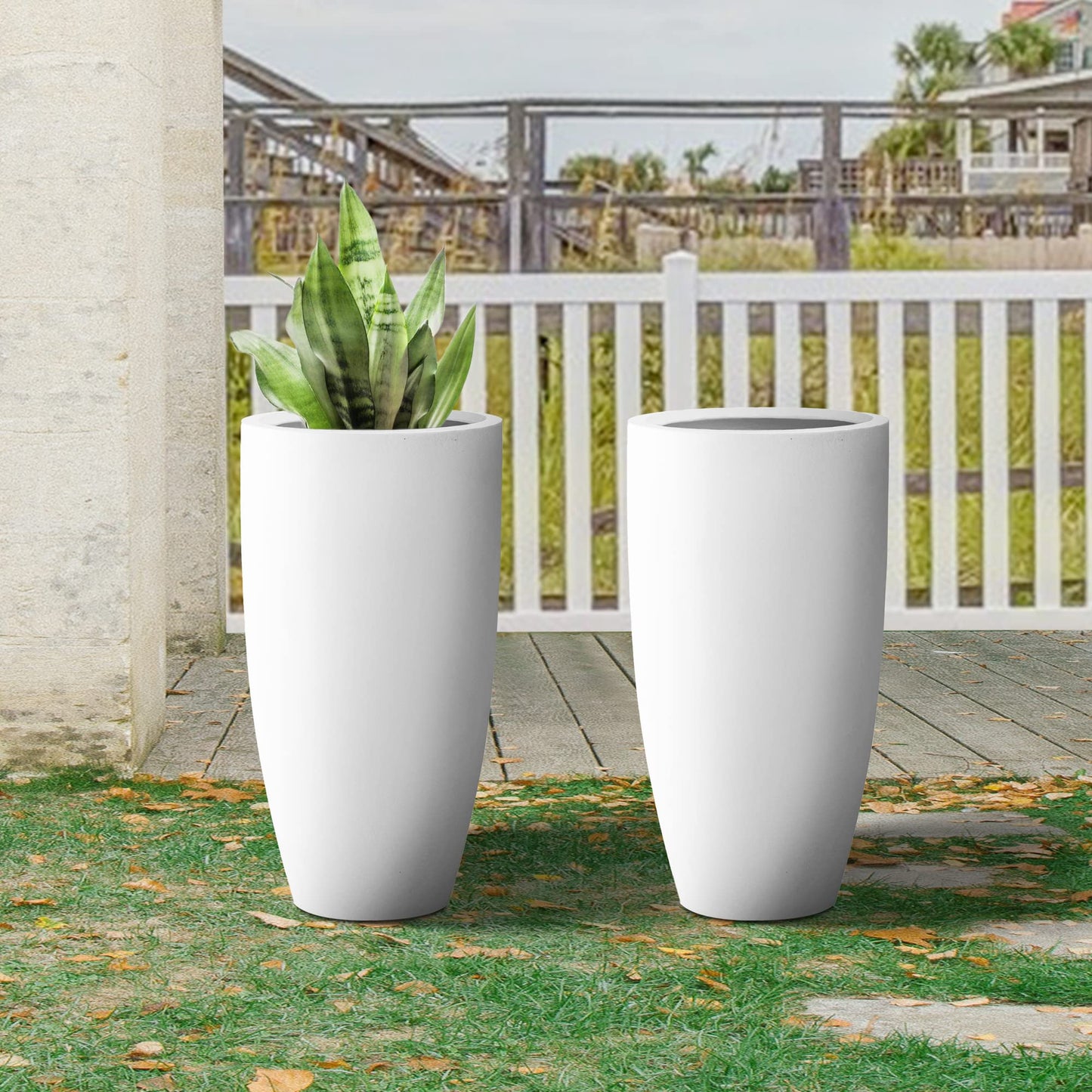 Kante 23.6" H Pure White Concrete Tall Planters (Set of 2), Large Outdoor Indoor Decorative Plant Pots with Drainage Hole and Rubber Plug, Modern Style for Home and Garden