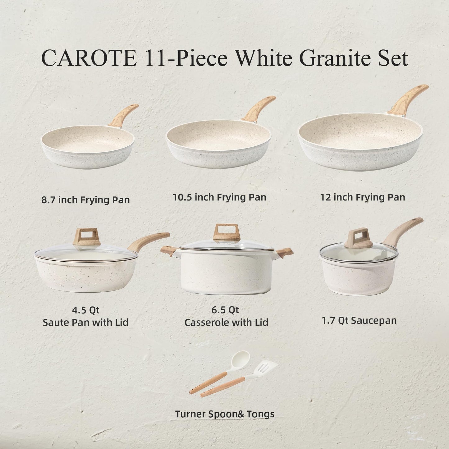 CAROTE Pots and Pans Set Nonstick, White Granite Induction Kitchen Cookware Set, 10 Pcs Non Stick Cooking Set w/Frying Pans & Saucepans(PFOS, PFOA Free)