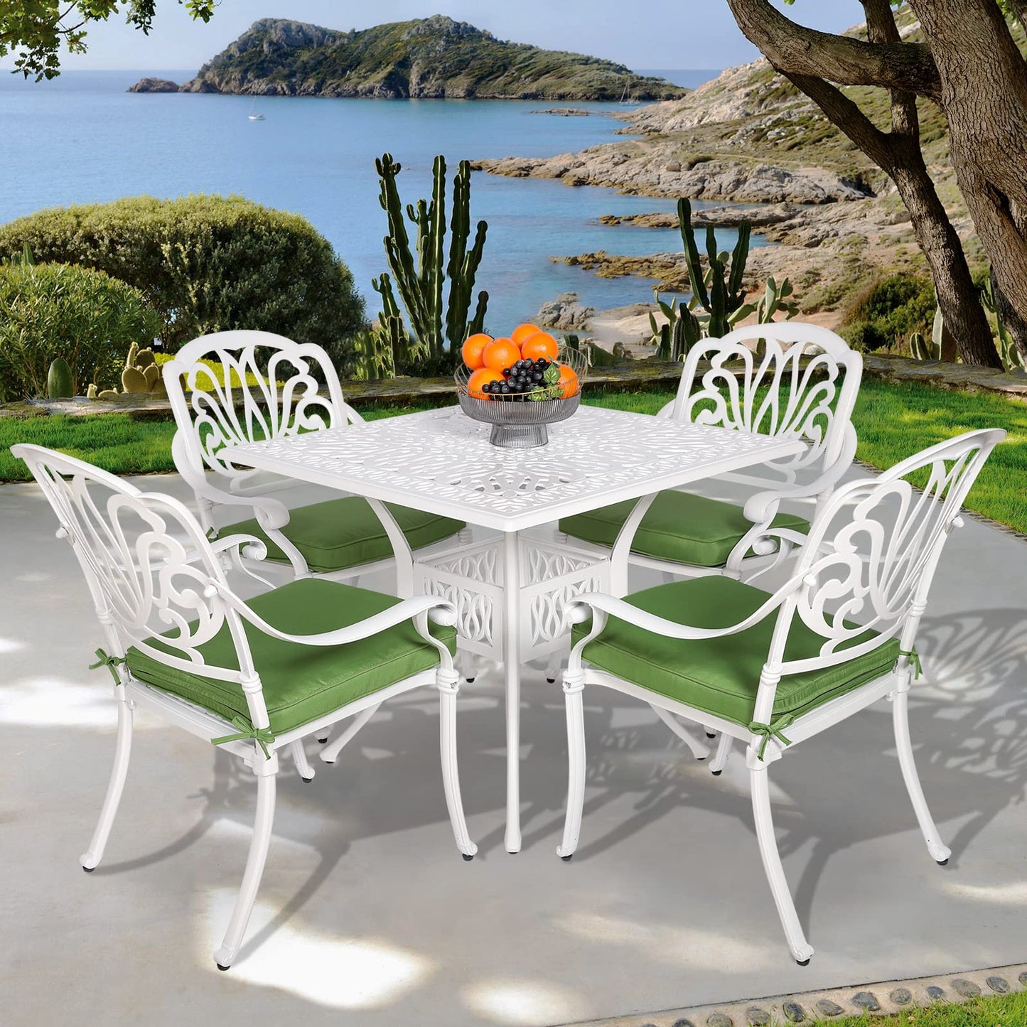 VIVIJASON 5-Piece Patio Furniture Dining Set, All-Weather White Cast Aluminum Outdoor Conversation Set, Include 4 Cushioned Chairs and a 35.4" Square Table w/Umbrella Hole for Balcony Lawn Garden