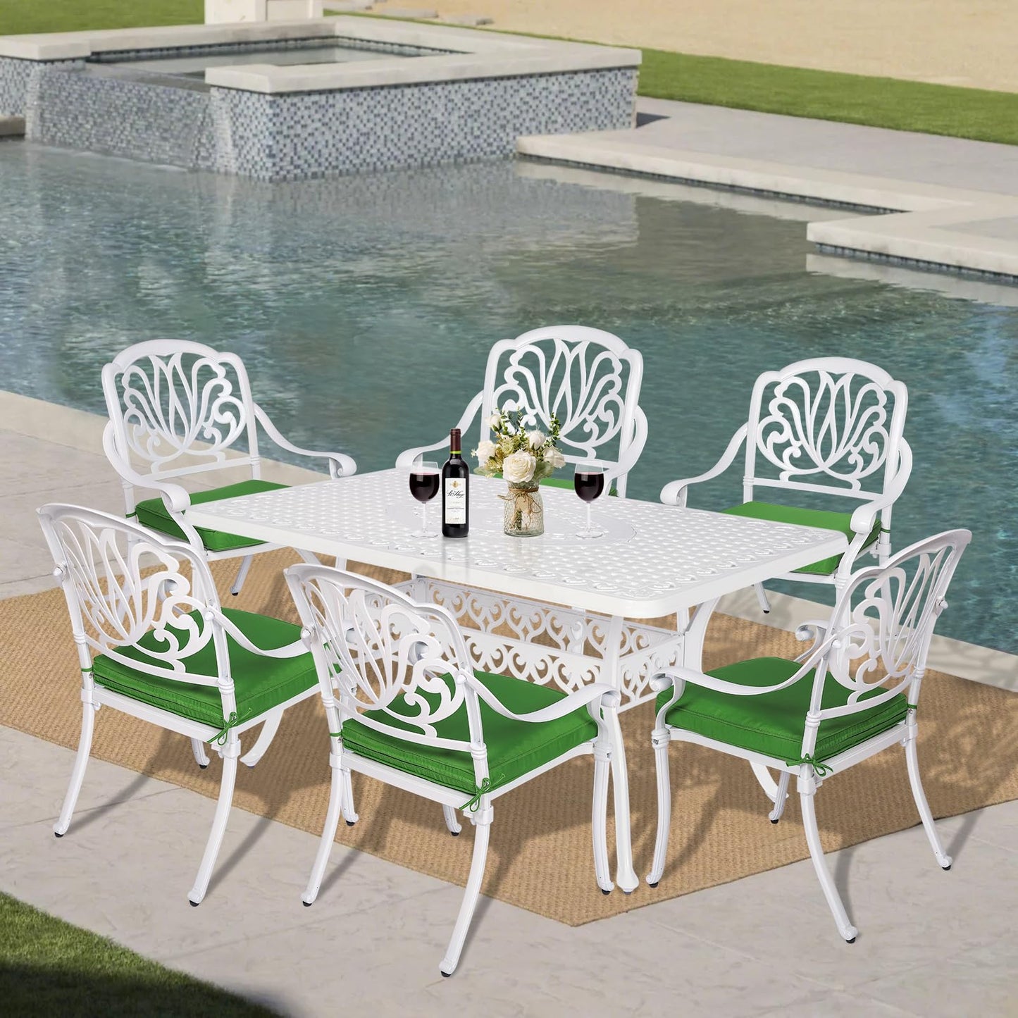 VIVIJASON 7-Piece Patio Furniture Dining Set, All-Weather Cast Aluminum Outdoor Conversation Set, Include 6 Cushioned Chairs and a Rectangle Table with Umbrella Hole for Lawn Garden Backyard, White