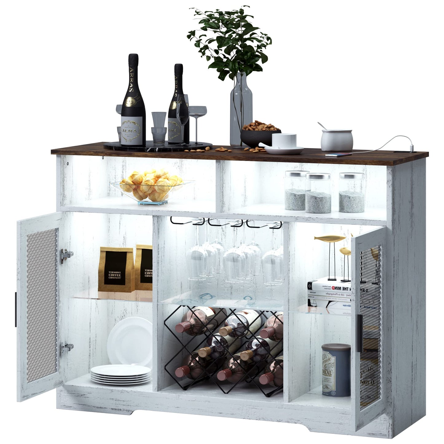 LVSOMT Bar Cabinet with Wine Rack and Glass Holder, LED Sensor Lights Farmhouse Coffee Bar Cabinet for Liquor and Glasses, Sideboard Buffet Cabinet with 2 Shelves 4 Adjustable storage Mesh Door(white)