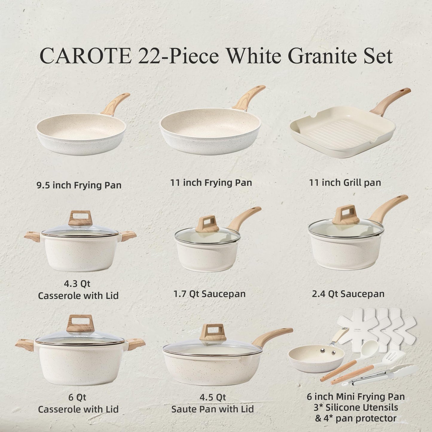 CAROTE 22pcs Pots and Pans Set Nonstick, Cookware Set White Granite Induction Kitchen Cooking Set w/Frying Pans & Saucepans& Grill Pan(PFOS, PFOA Free)