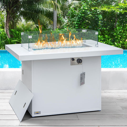 NICESOUL 43'' Outdoor Patio White Aluminum Propane/Gas Fire Pit Table Wicker Fire Places 55,000 BTU H Burner Firepit for Outside with Blue Glass Beads & Wind Guard & Cover for Balcony Porch