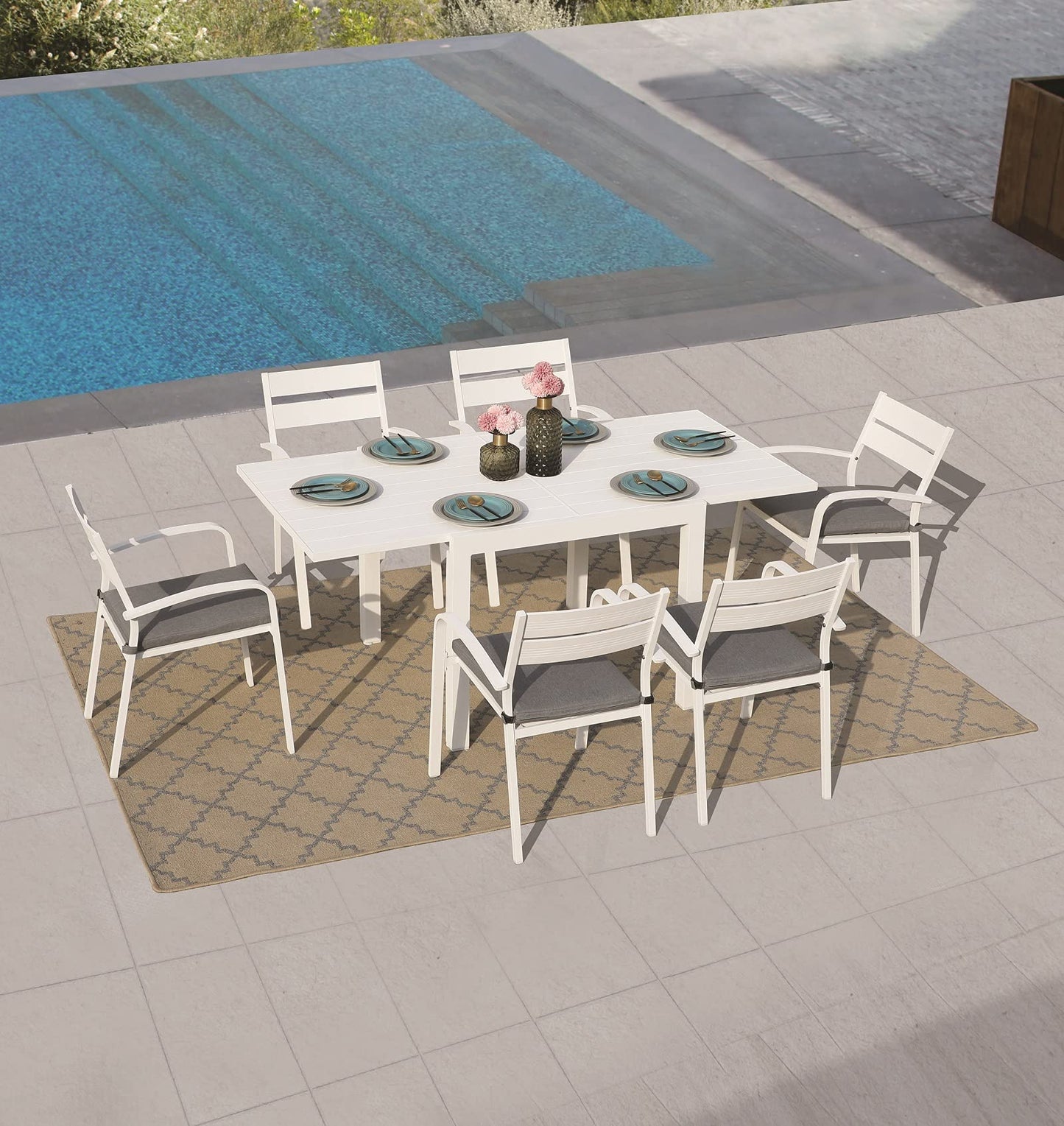 Soleil Jardin 7-Piece Outdoor Patio Dining Set, Aluminum Expandable Outdoor Dining Table Set for 6, 6 Stackable Chairs with Gray Removable Cushions, White