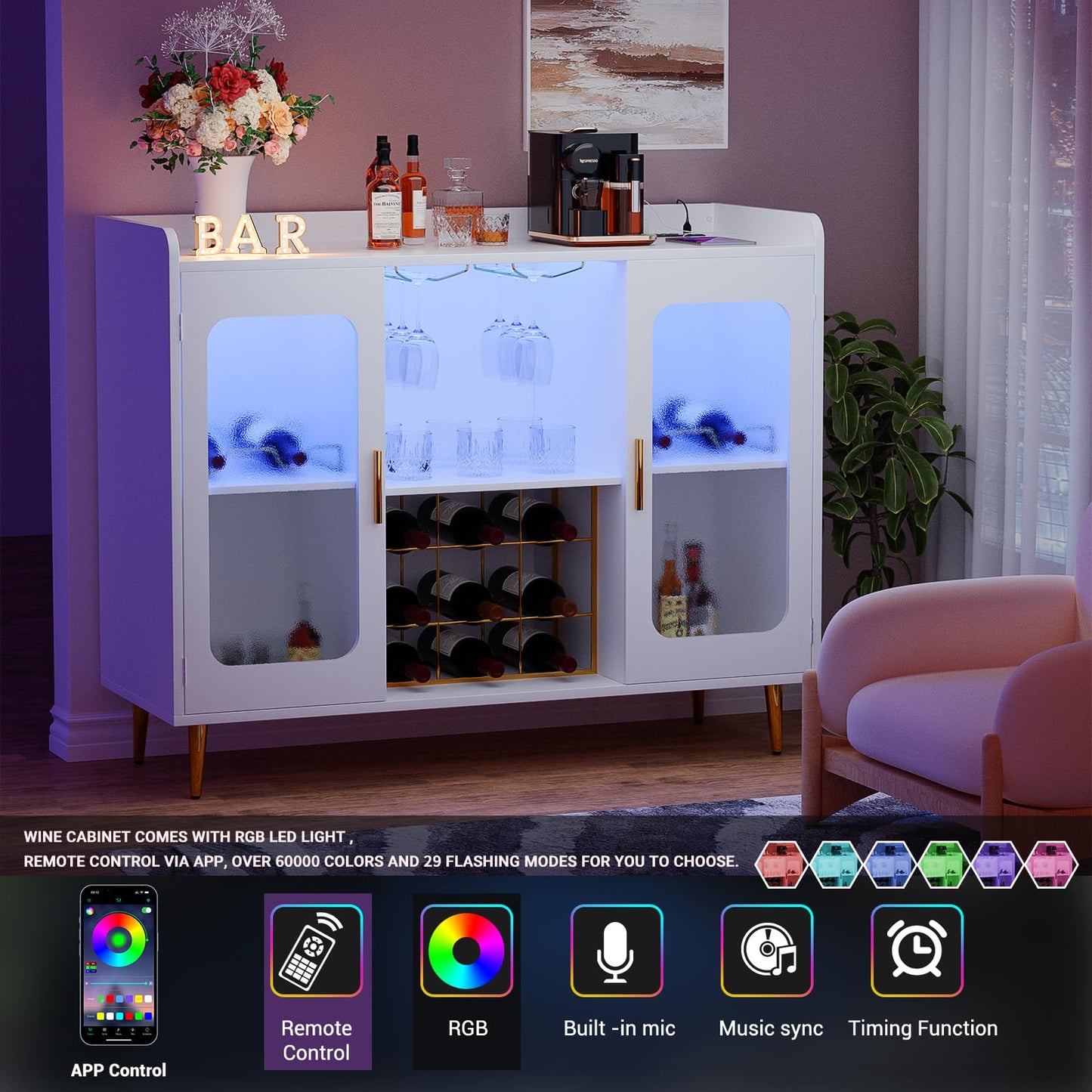 Hyomdeck Liquor Cabinet Bar with Power Outlet and LED Light, Wine Bar Cabinet with Wine and Glasses Rack, Home Coffee Bar Cabinet, Buffet Sideboard with Storage Shelf for Kitchen, Dining Room, White