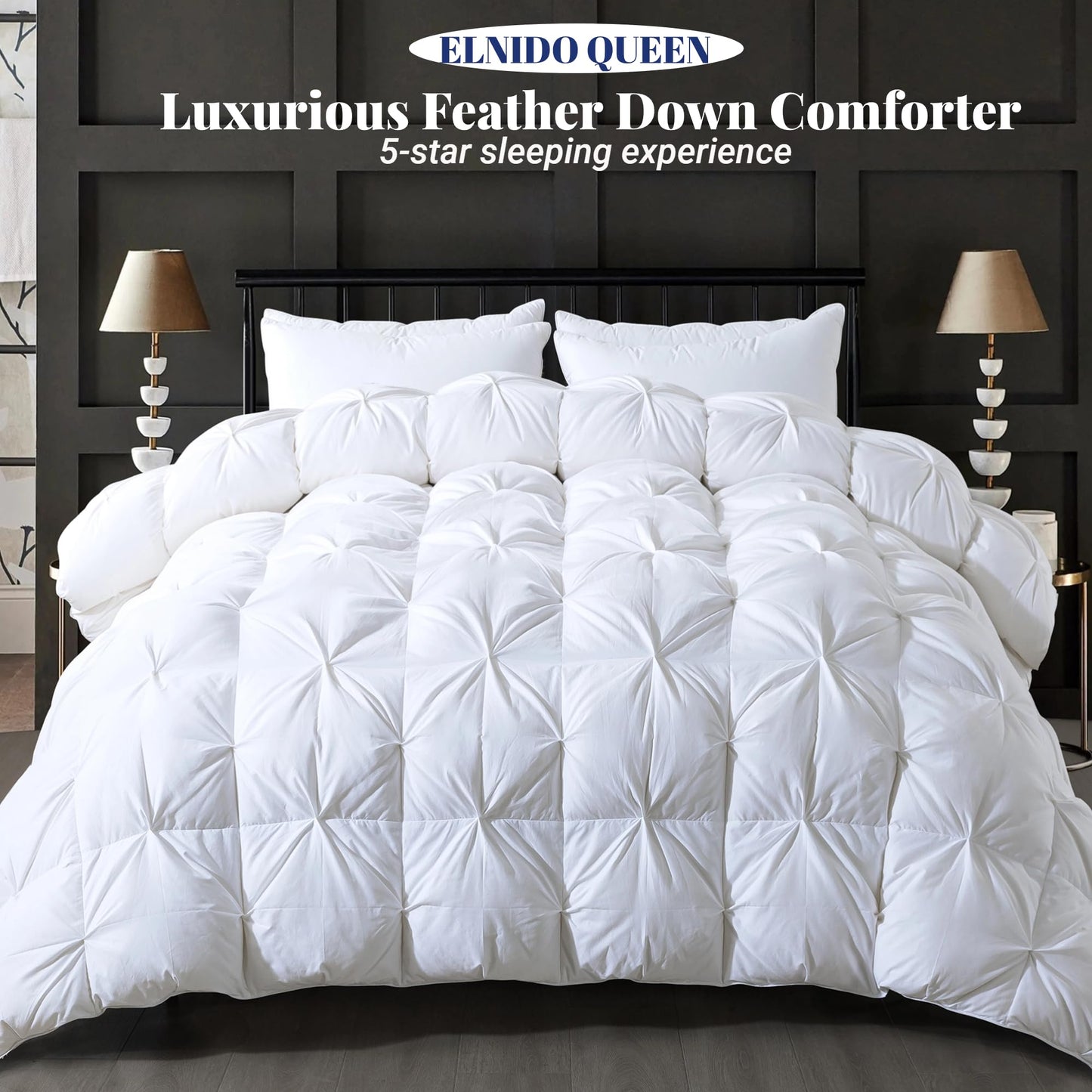 ELNIDO QUEEN Feather Down Comforter King Size Duvet Insert, Luxury Fluffy White Pinch Pleat Design - All Season Hotel Collection Cotton Bed Comforter with 8 Tabs, King 106x90 Inches