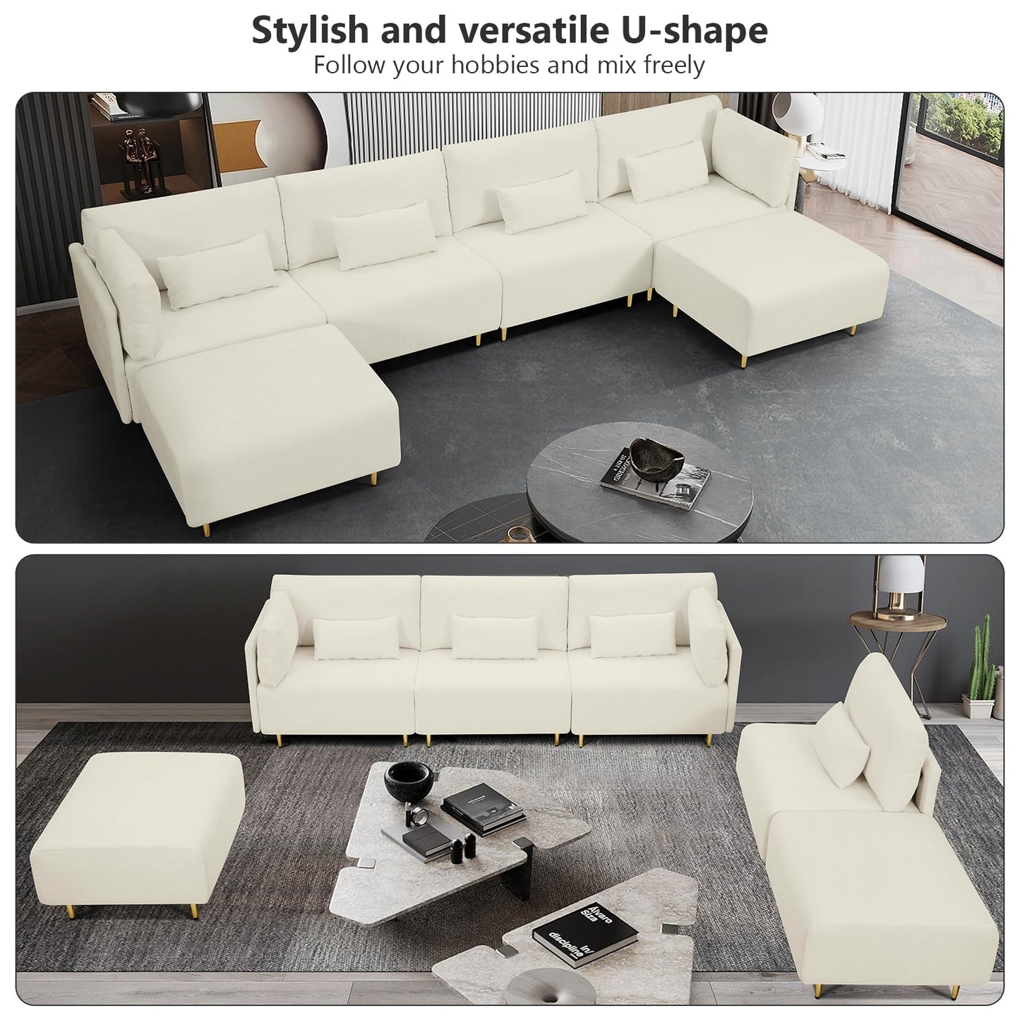 Convertible Sectional U-Shaped Couch 6 Seat Modular Sectionals Sofa Reversible Sectional Modular Sofa with Wide Chaise and 4 Pillows L-Shape Sectional Sofa for Living Room Bedroom Office 143”White