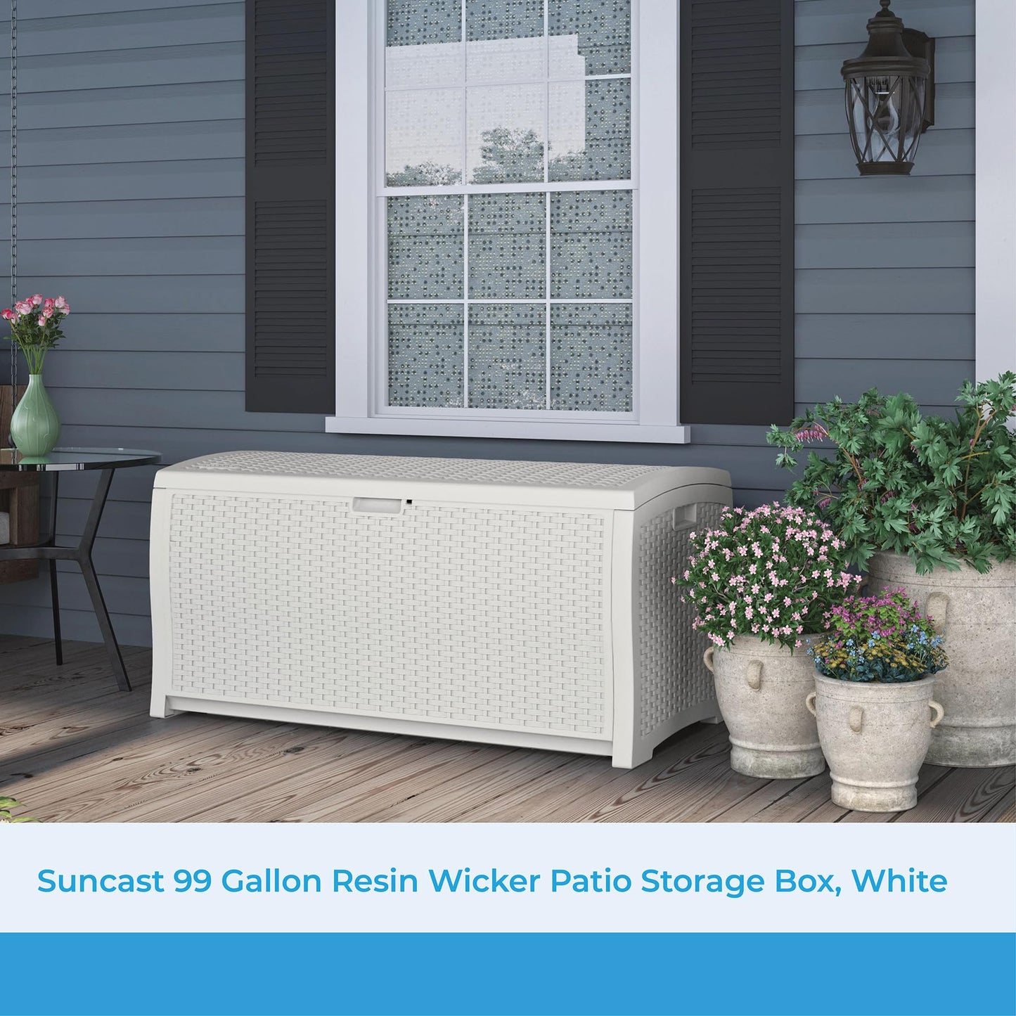 Suncast 99 Gallon Resin Wicker Patio Storage Box - Water Resistant Outdoor Storage Container for Toys, Furniture, Yard Tools - Store Items on Deck, Porch, Backyard - White