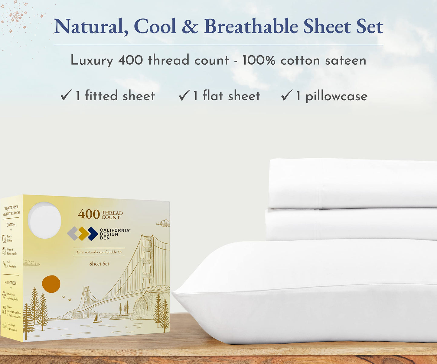 California Design Den Twin Sheets Set, Natural 100% Cotton Sheets, Soft Luxury 400 Thread Count Sateen Cooling Sheets, 3 Pc Dorm Rooms & Adults, Twin Bed Sheets (Bright White Sheets)