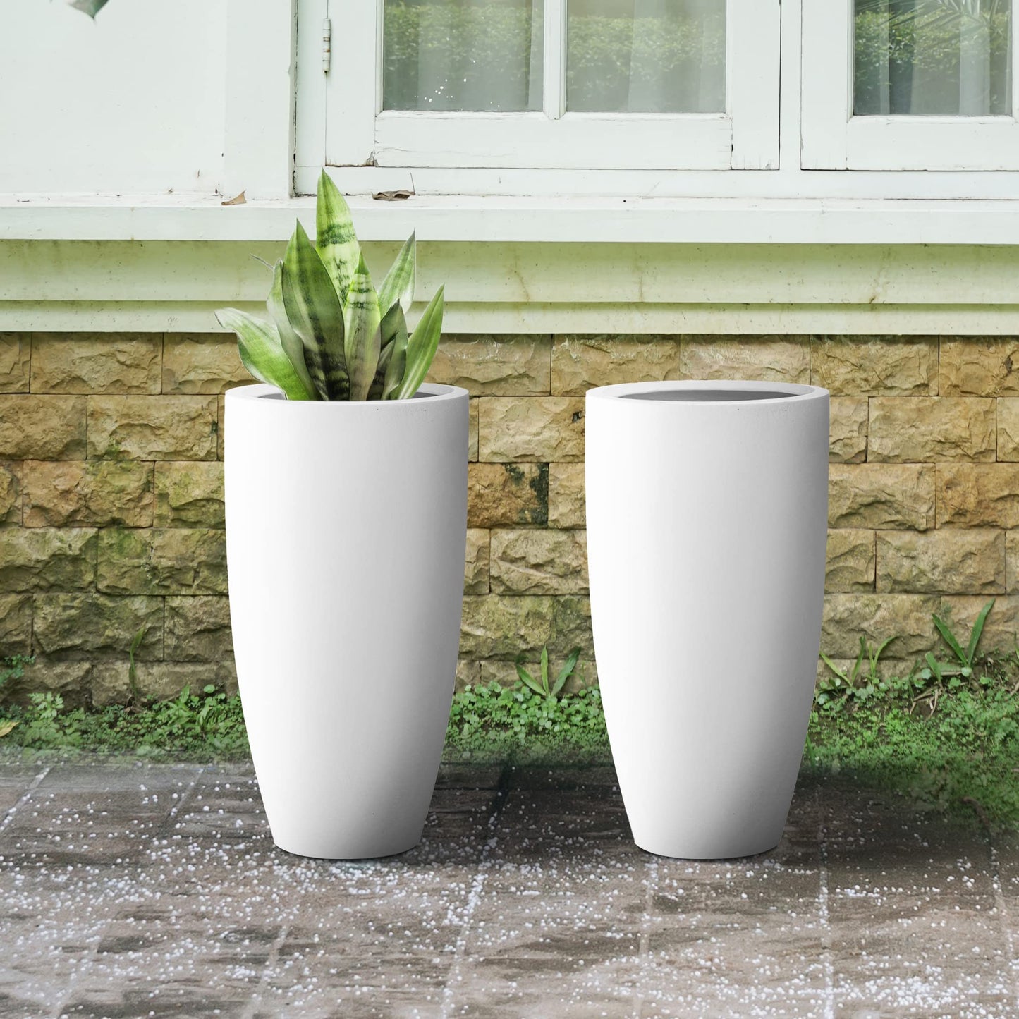 Kante 23.6" H Pure White Concrete Tall Planters (Set of 2), Large Outdoor Indoor Decorative Plant Pots with Drainage Hole and Rubber Plug, Modern Style for Home and Garden