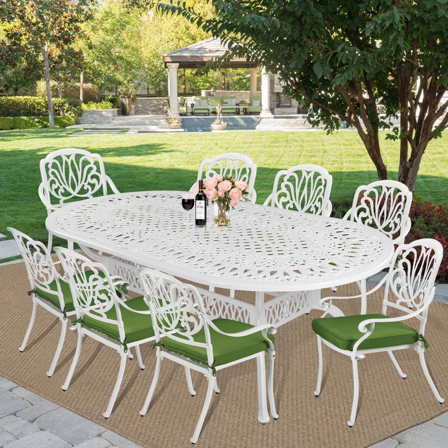 MEETWARM 9-Piece Outdoor Patio Dining Set- 8 Outdoor Dining Cushioned Chairs and 1 Oval Table with 2" Umbrella Hole, All Weather Cast Aluminum Patio Funiture Set for Backyard, White