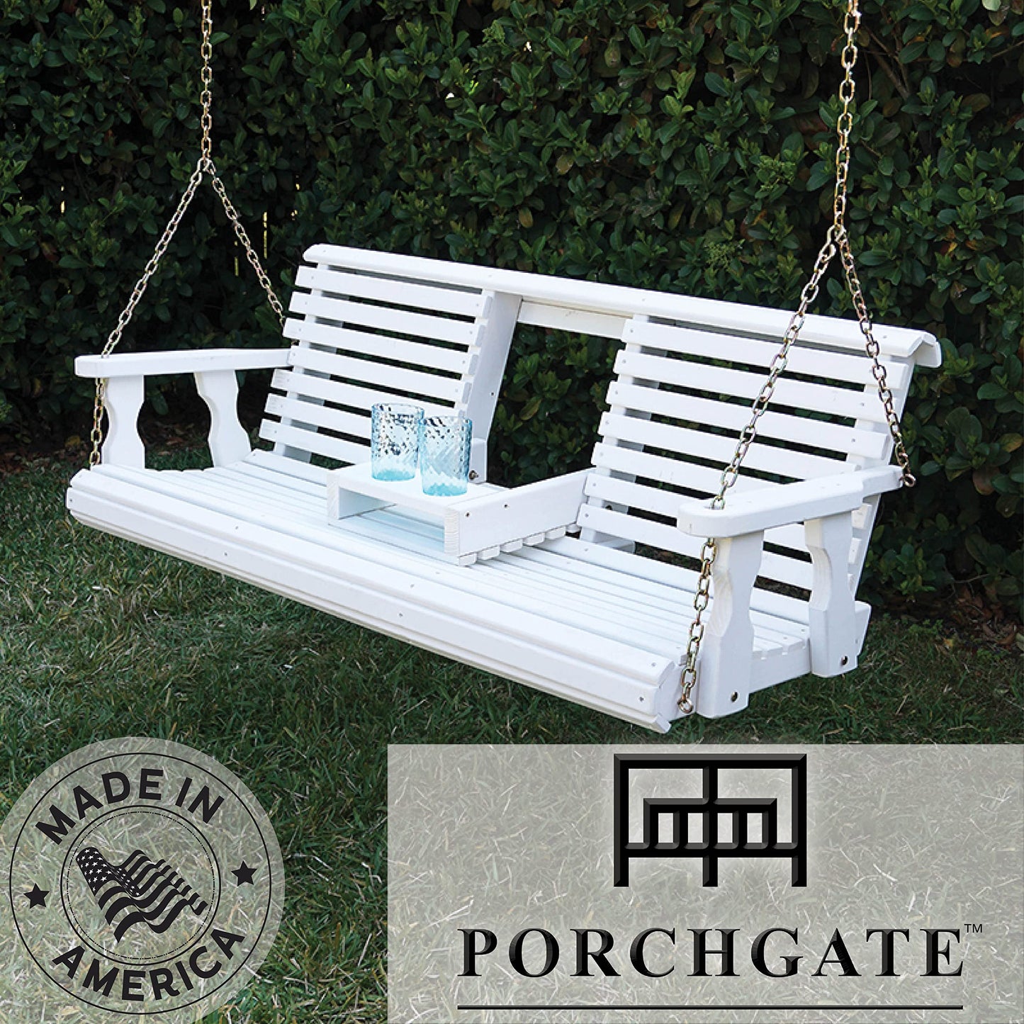 Porchgate Amish Heavy Duty 800 Lb Rollback Console Treated Porch Swing with Hanging Chains (Semi-Solid White Stain)