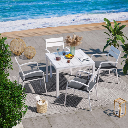 Soleil Jardin Aluminum 5 Piece Outdoor Furniture Dining Set, Patio Dining Furniture Set with 35" Square Table and 4 Stackable Chairs for Garden, Backyard, White Finish & Grey Cushion