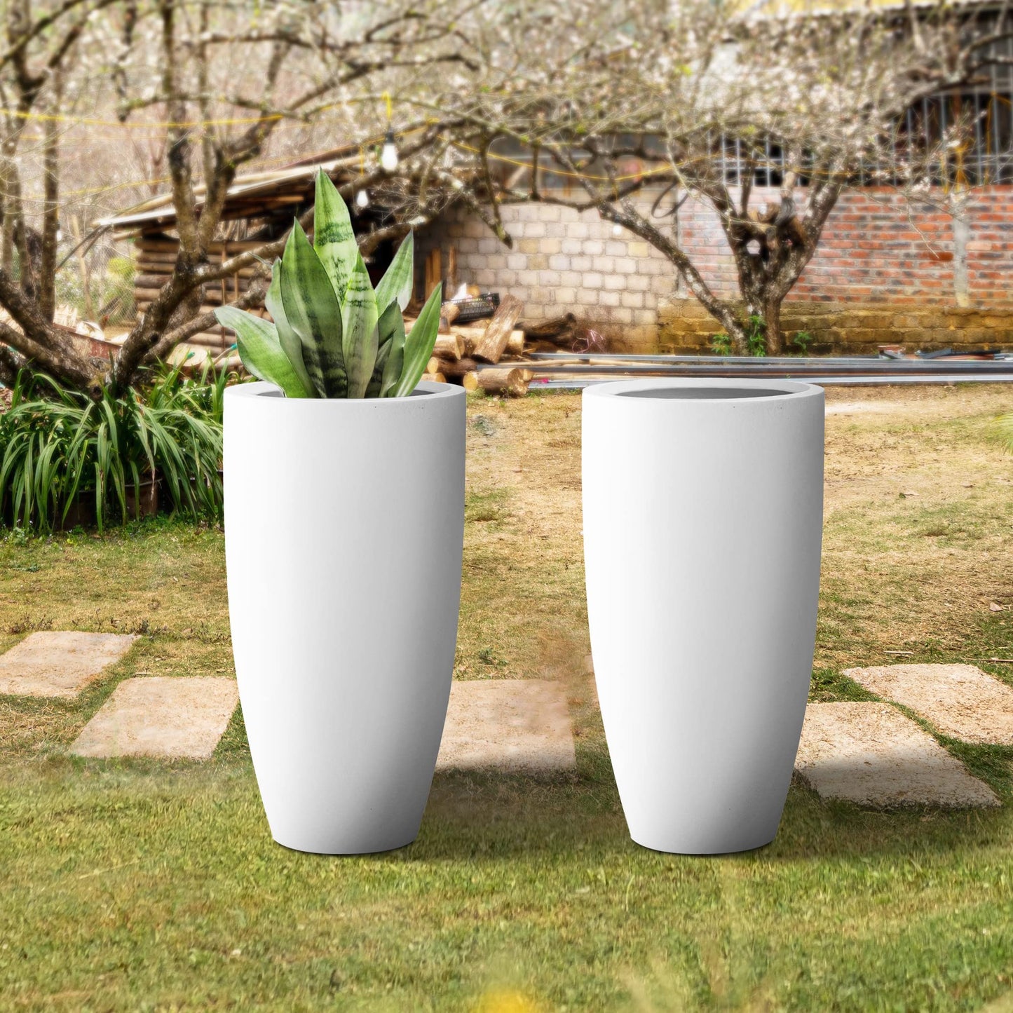 Kante 23.6" H Pure White Concrete Tall Planters (Set of 2), Large Outdoor Indoor Decorative Plant Pots with Drainage Hole and Rubber Plug, Modern Style for Home and Garden